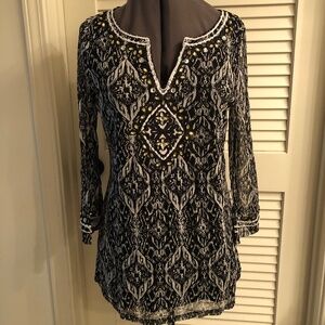 INC Black &White Rhinestone Embellished Tunic  Size Large